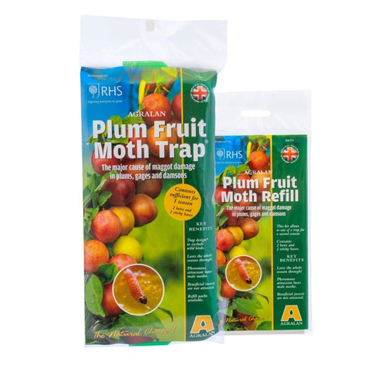 RHS Plum Fruit Moth Trap packaging with images of fruits and a moth.
