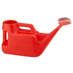 Red plastic watering can with dual handles and long spout | Lightweight garden watering equipment UK