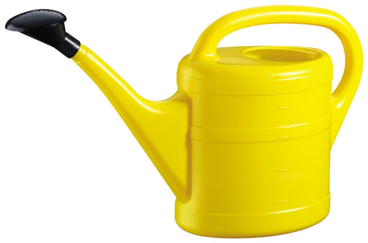 Yellow plastic watering can with large handle and black rose head | 10 Litre garden watering equipment UK