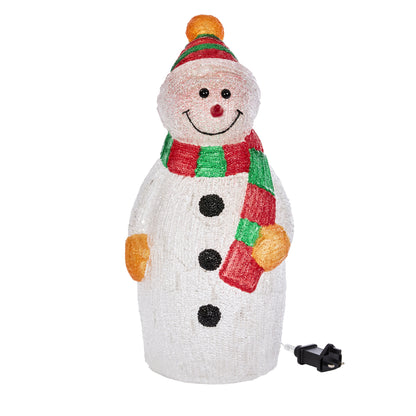 Decorative snowman with a colorful scarf, hat, and buttons on a white background
