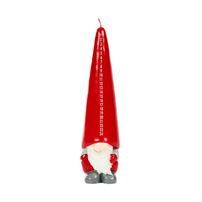 Red candle shaped like a gnome with numbers on a white background