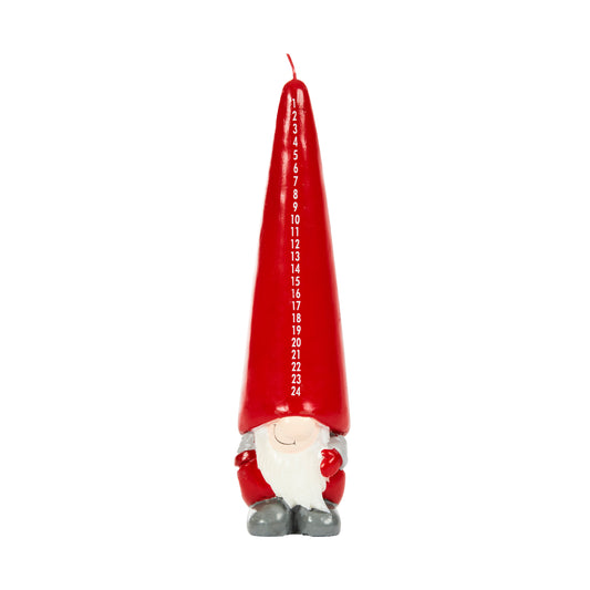 Red candle shaped like a gnome with numbers on a white background