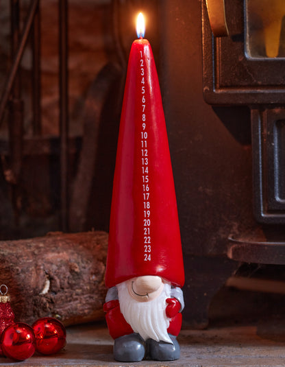 Red candle-shaped gnome with numbers on a rustic background