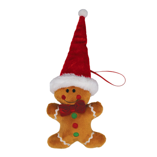 Plush gingerbread man ornament with a red hat on a white background