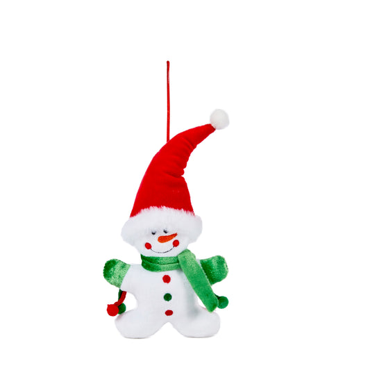 Plush snowman ornament with red hat and green scarf on a white background