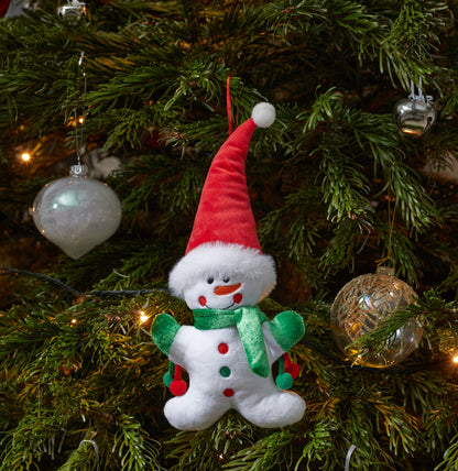 Snowman ornament on a decorated Christmas tree with lights and ornaments.