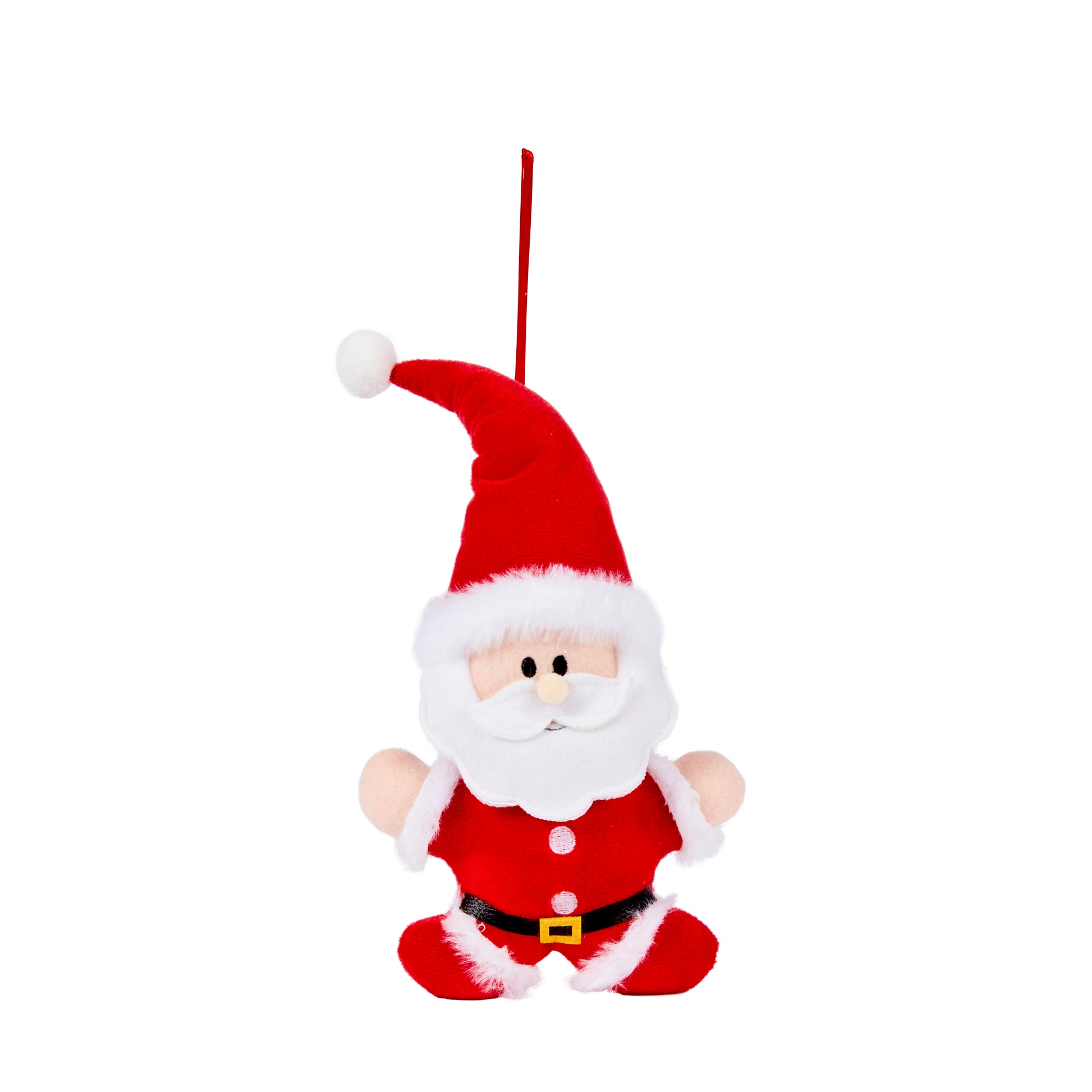 Plush Santa Claus ornament on a white background
