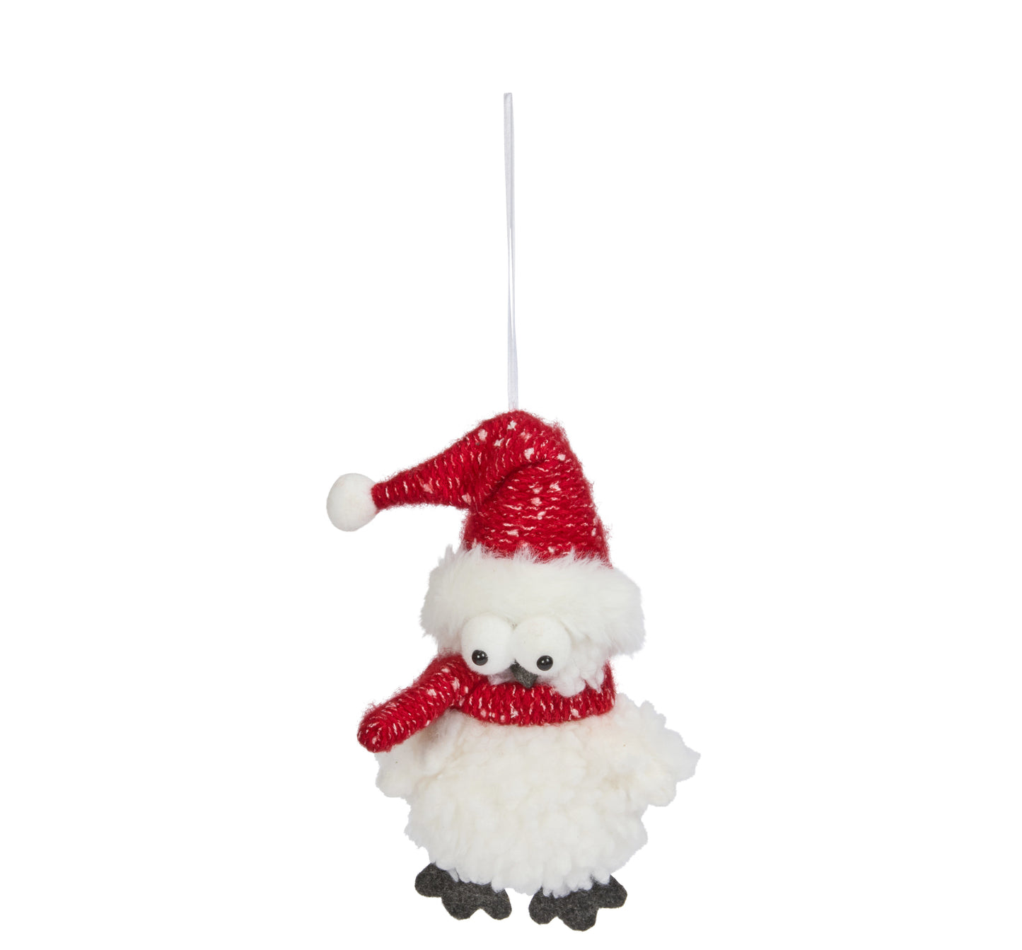 Decorative ornament resembling a penguin wearing a red hat and scarf on a white background