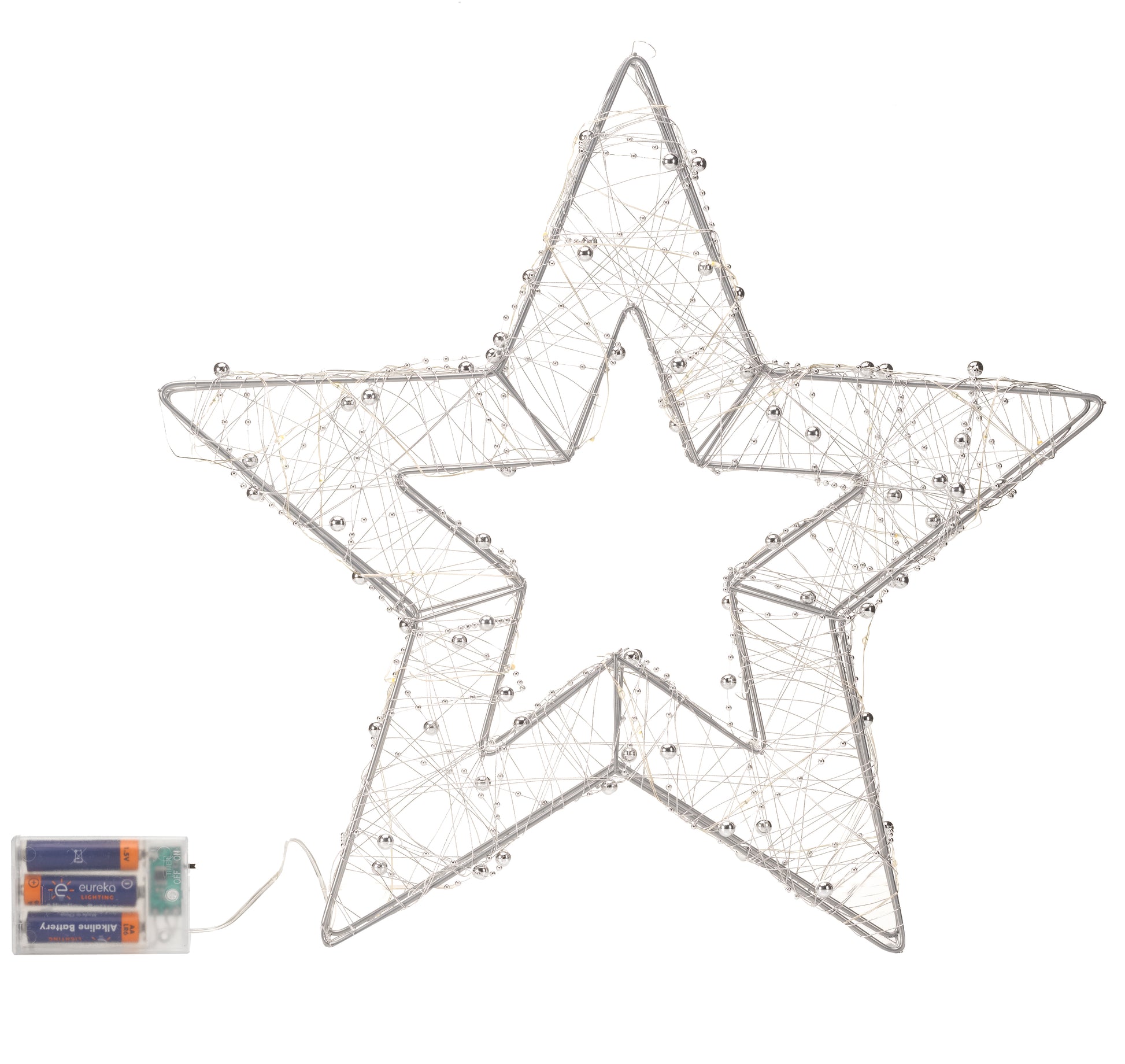 Star-shaped decorative light with battery pack on a white background