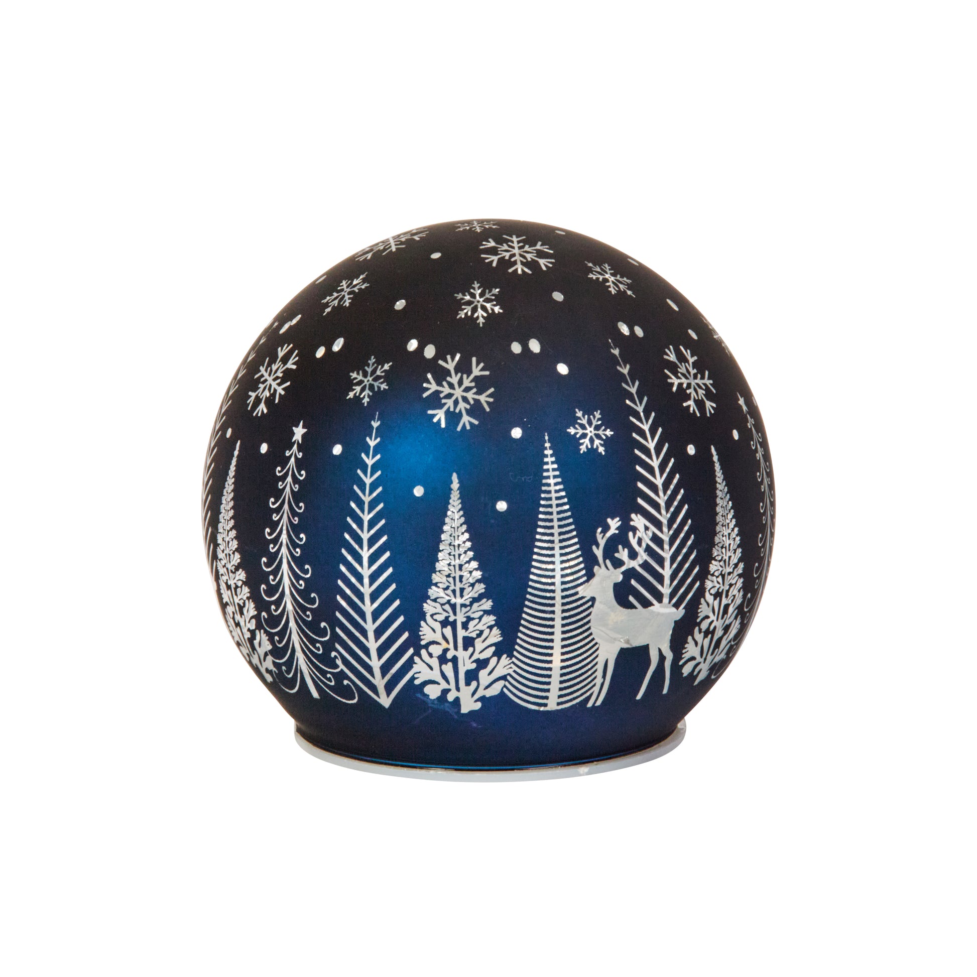 Decorative ball with winter scene featuring trees and a deer on a white background