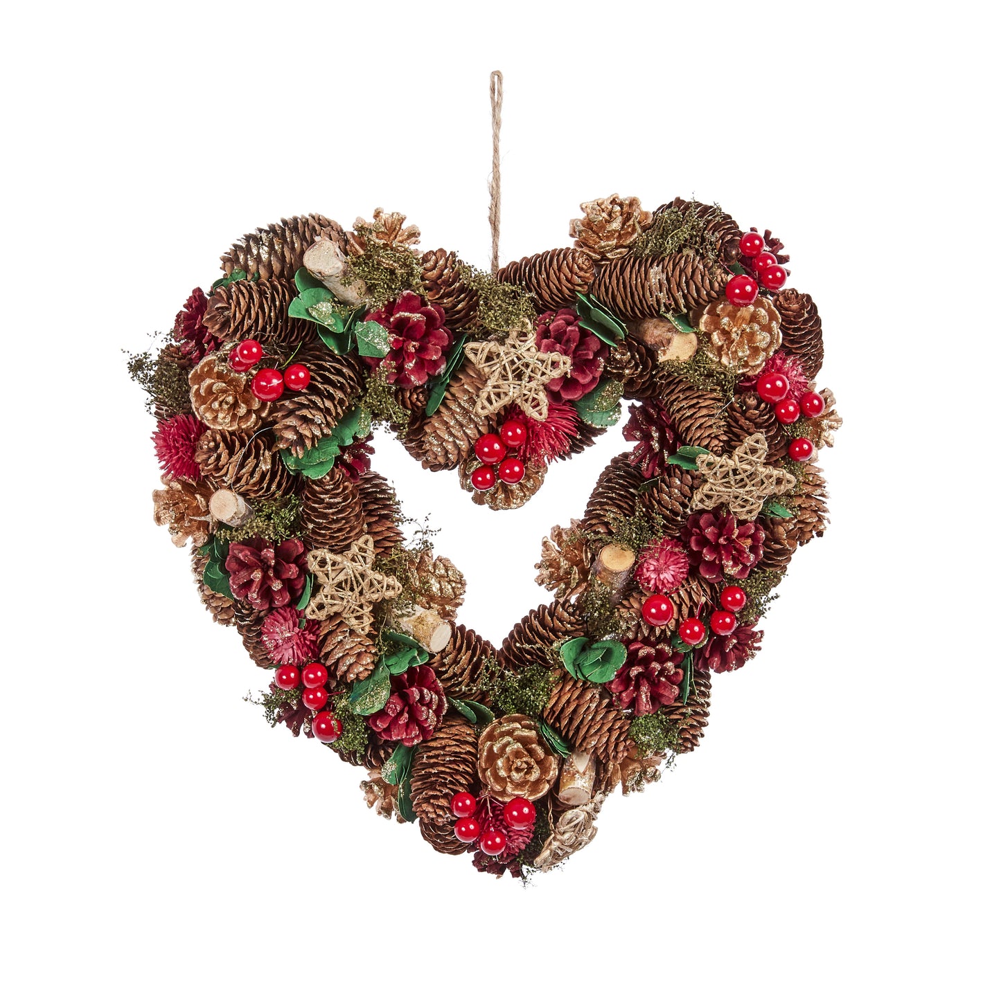 Heart-shaped wreath with pinecones, berries, and stars on a white background