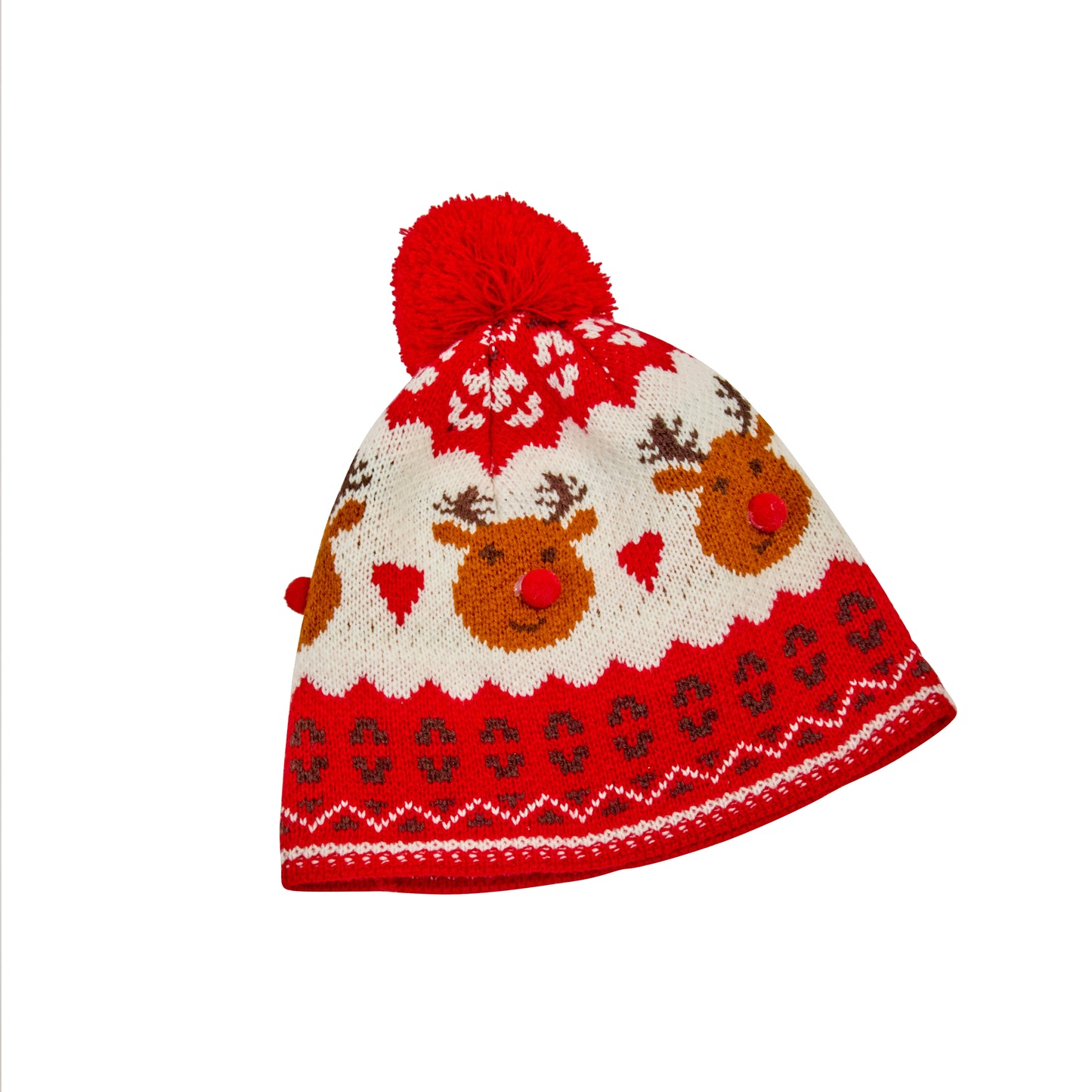 Knitted hat with reindeer design and red pom-pom on a white background