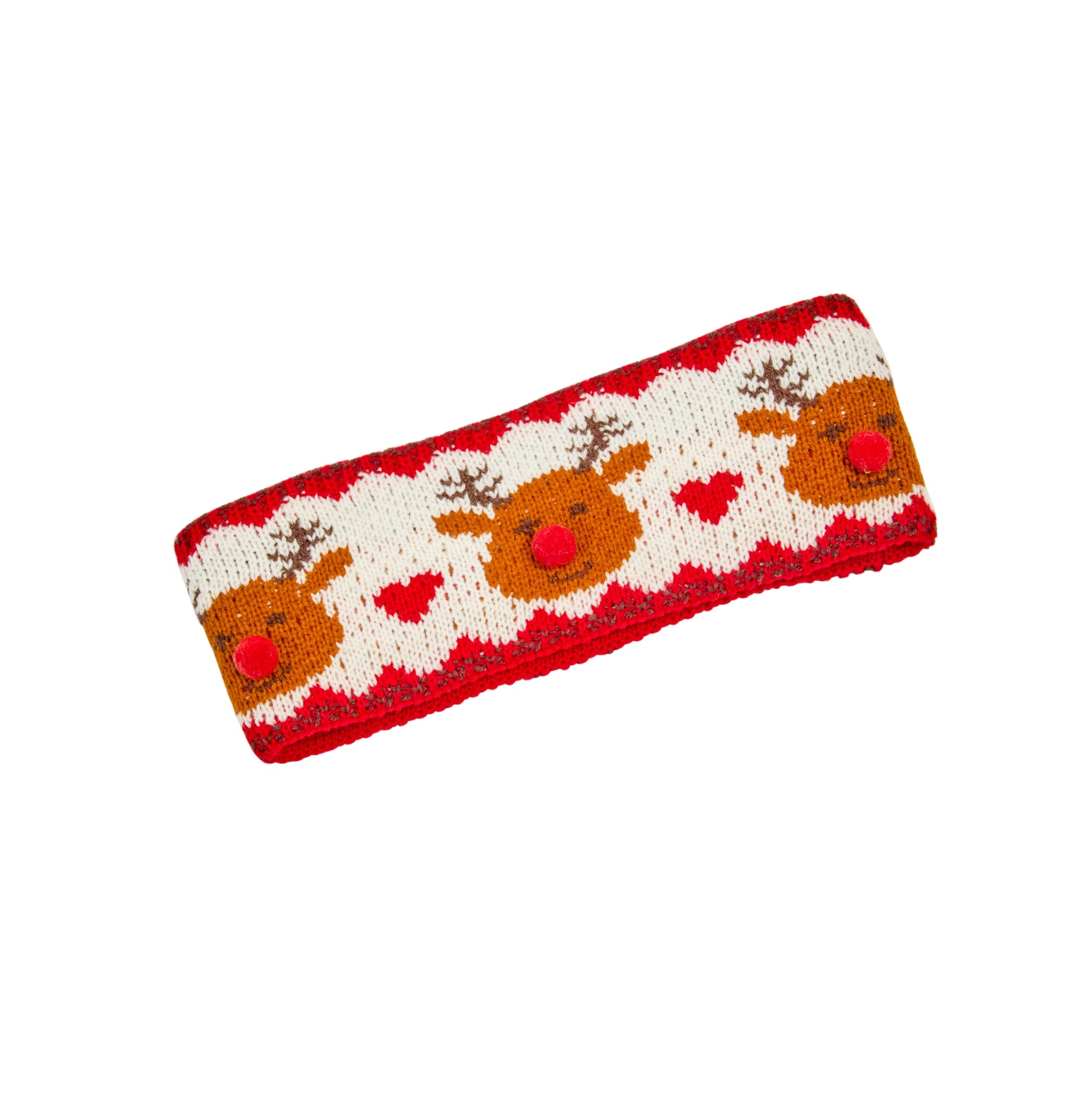 Knitted headband with reindeer design on a white background