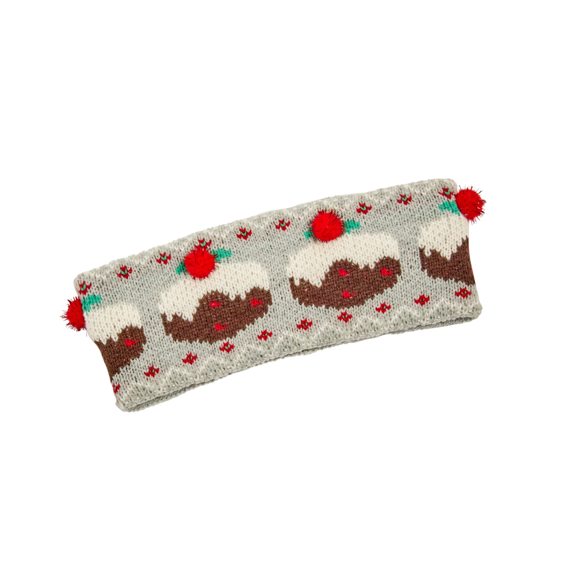 Knitted headband with Christmas pudding design on a white background