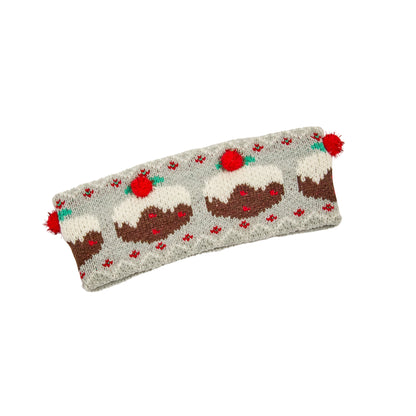 Knitted headband with Christmas pudding design on a white background