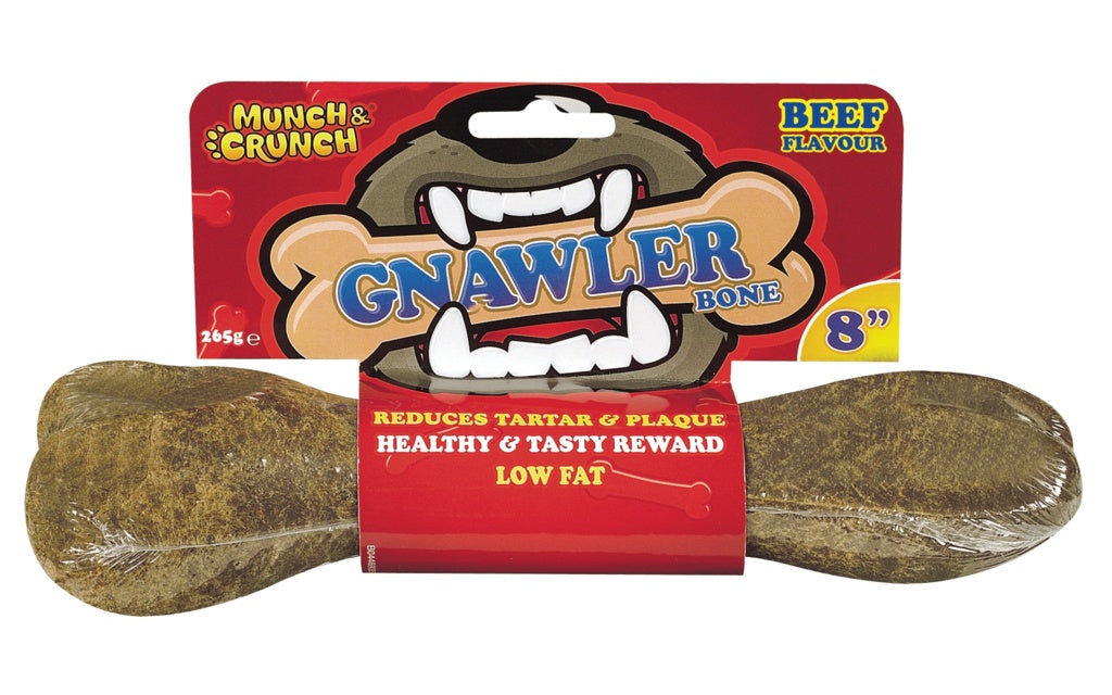 Dog chew toy with packaging labeled 'Munch & Crunch Gnawler Bone' on a white background