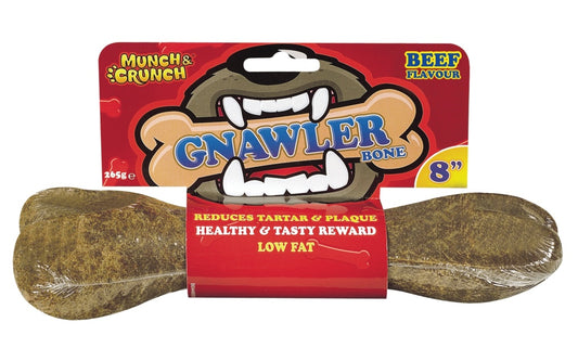 Dog chew toy with packaging labeled 'Munch & Crunch Gnawler Bone' on a white background