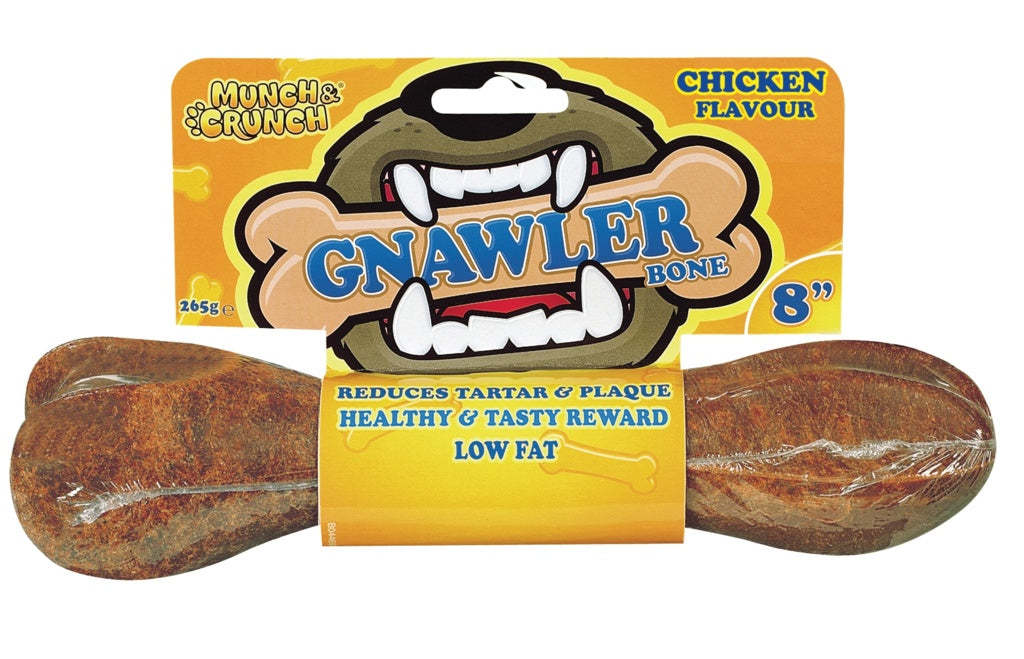 Dog chew toy with packaging labeled 'Gnawler Bone' on a white background