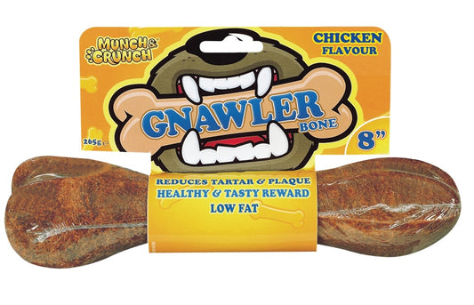 Dog chew toy with packaging labeled 'Gnawler Bone' on a white background