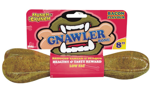 Dog chew toy with packaging labeled 'Grawler Bone' on a white background