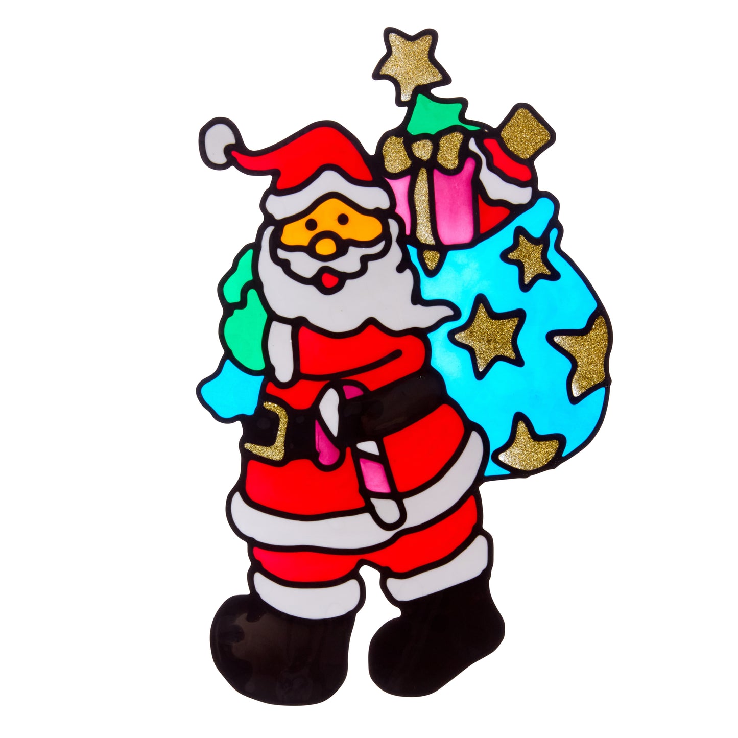Cartoon Santa Claus holding a colorful bag with stars and a gift on a white background