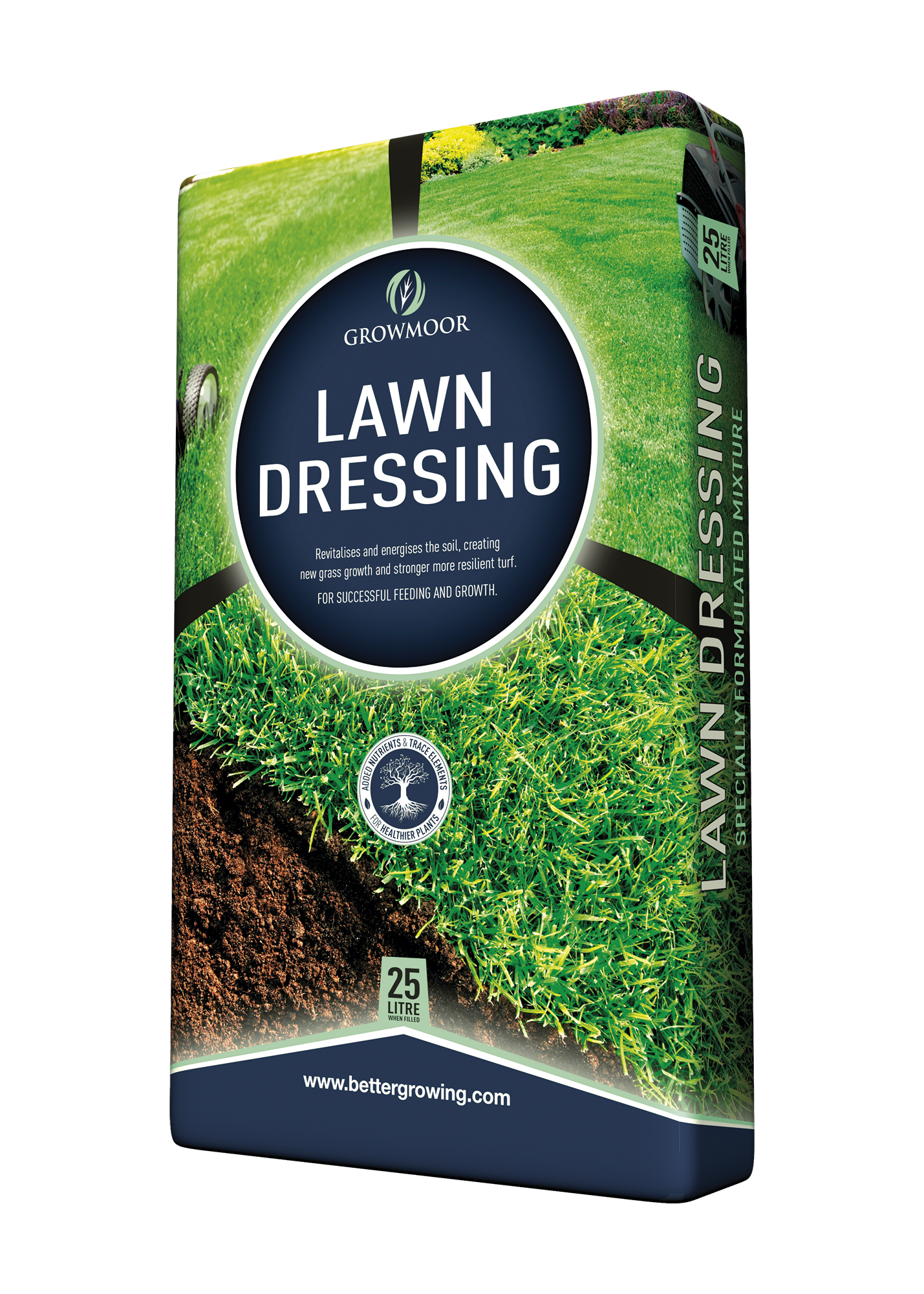 Box of Growmoor Lawn Dressing with images of grass and soil on a white background