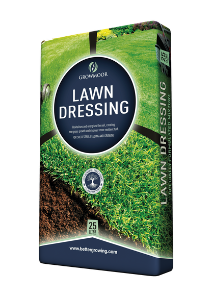 Box of Growmoor Lawn Dressing with images of grass and soil on a white background