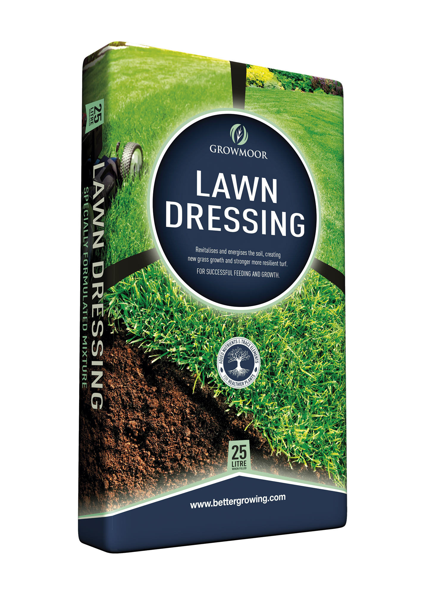 Box of Growmoor Lawn Dressing with grass and soil imagery on a white background