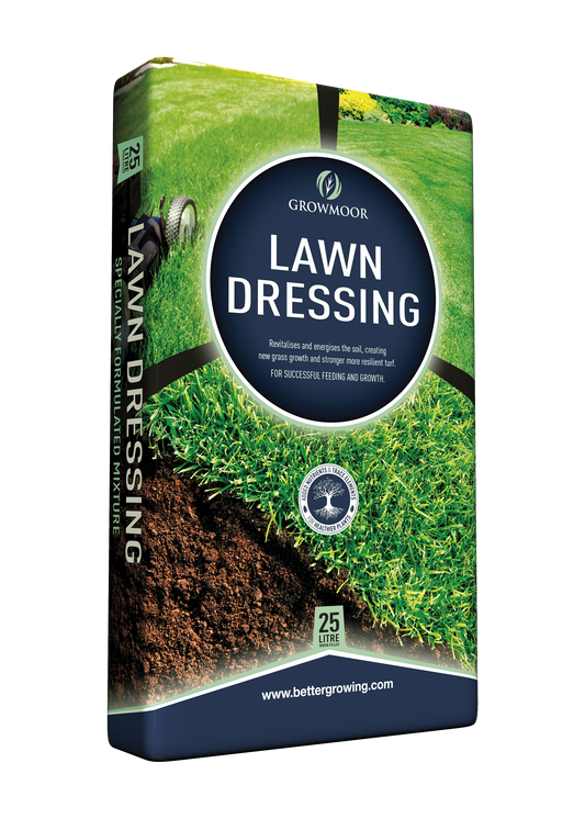 Box of Growmoor Lawn Dressing with grass and soil imagery on a white background
