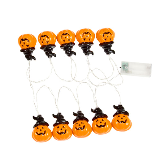 String of Halloween lights with pumpkin design on a white background