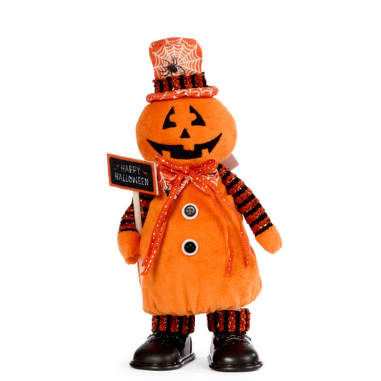 Halloween-themed pumpkin figure with a top hat, bow tie, and 'Happy Halloween' sign on a white background.