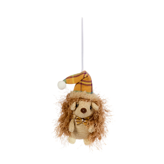Hedgehog ornament with a hat and bow tie on a white background