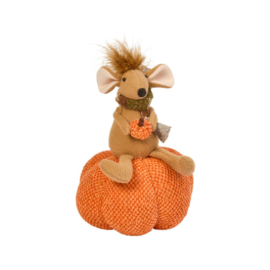 Plush mouse toy with a pumpkin on a white background