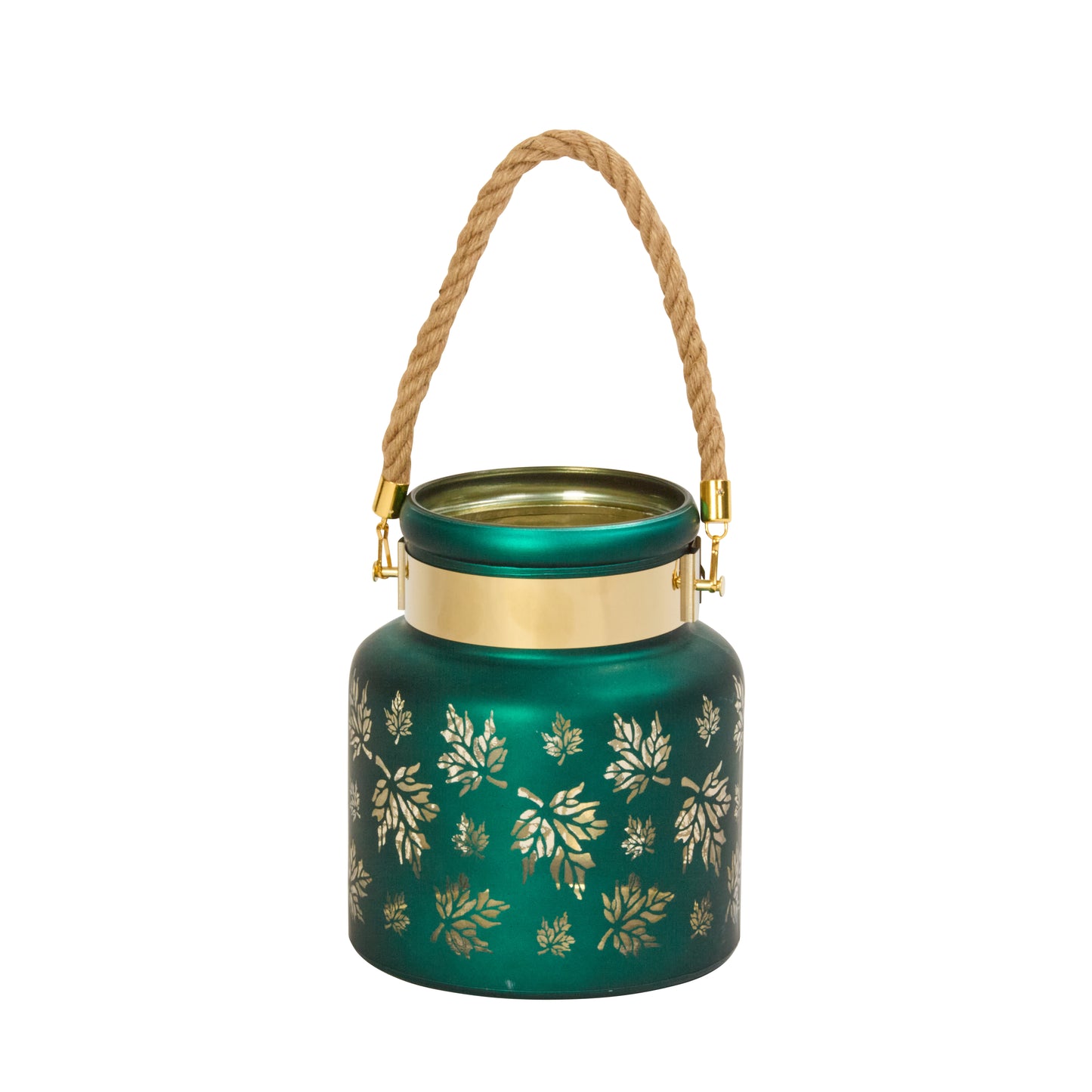 Green lantern with gold floral patterns and a rope handle on a white background