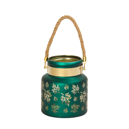 Green lantern with gold floral patterns and a rope handle on a white background