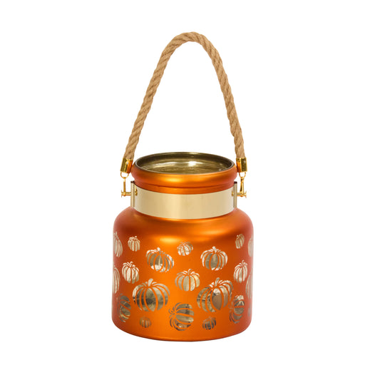 Orange lantern with gold pumpkins and a rope handle on a white background