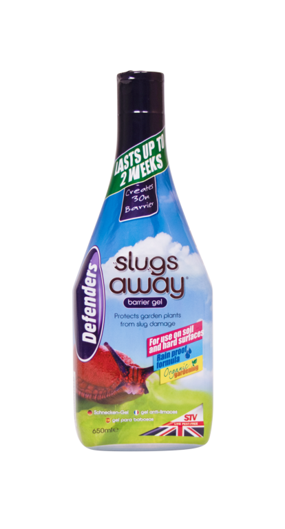 Bottle of Slugs Away Defenders barrier gel on a white background
