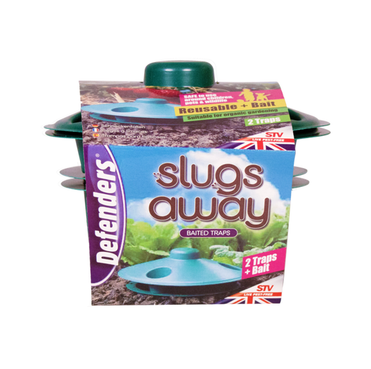 Pack of Defenders Slugs Away baited traps on a white background
