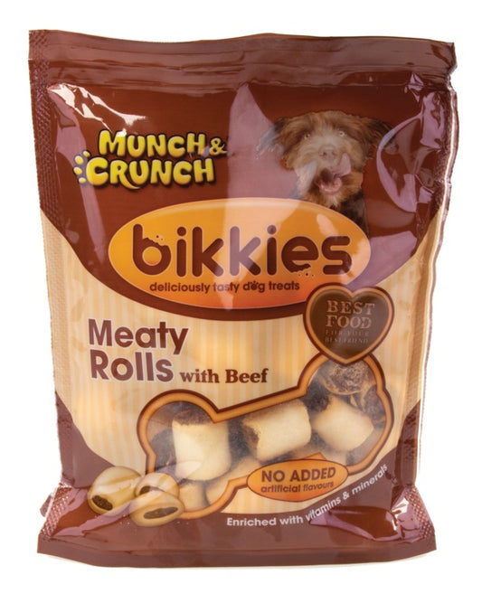 Bag of bikkies Munch & Crunch Meaty Rolls with Beef dog treats on a white background