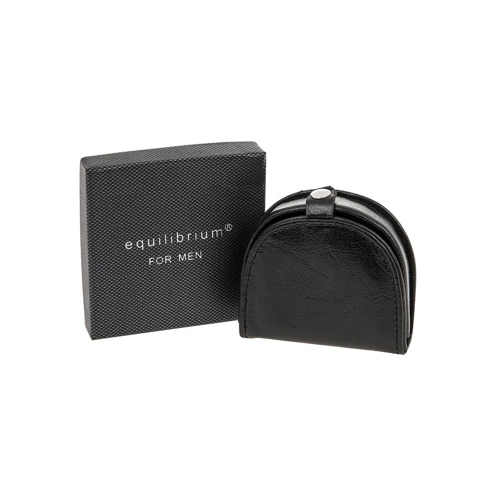 Black leather wallet and box with 'equilibrium for men' branding on a white background