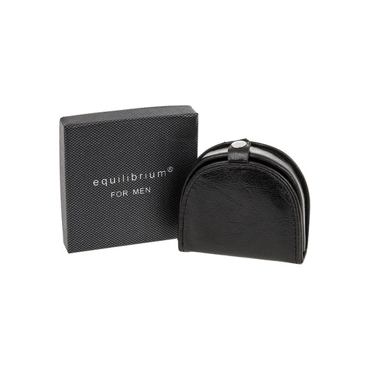 Black leather wallet and box with 'equilibrium for men' branding on a white background