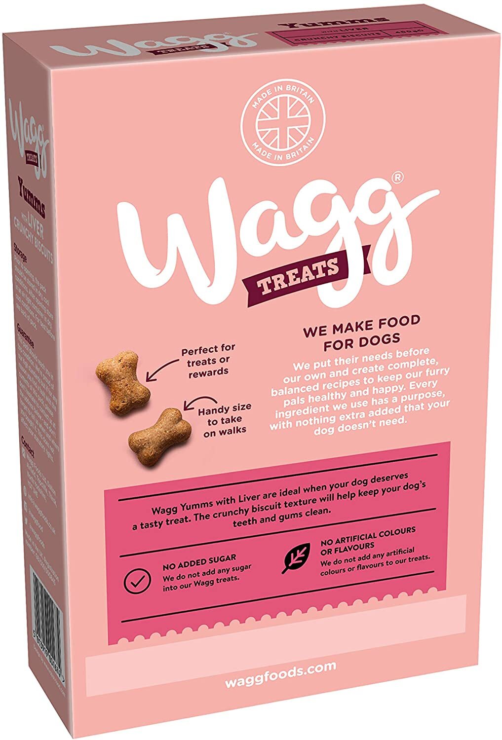 Wagg dog treats packaging on a pink background