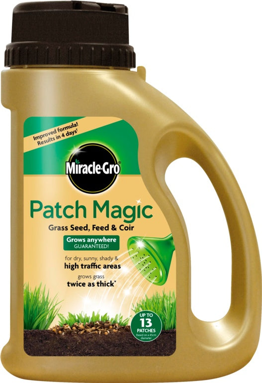 Miracle-Gro Patch Magic grass seed, feed, and coir container on a white background