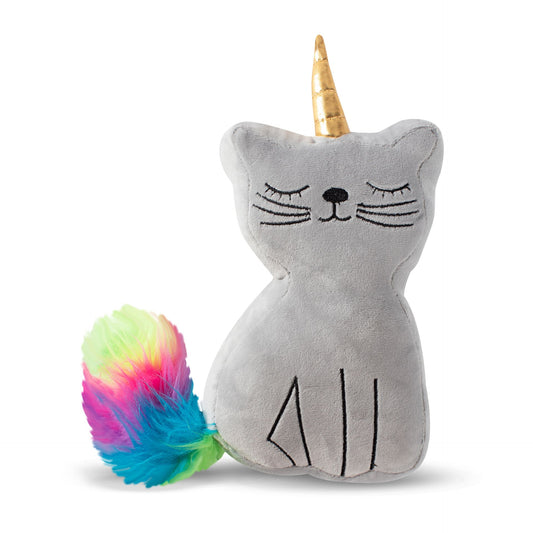 Gray cat-shaped plush toy with a unicorn horn and a colorful feather toy on a white background