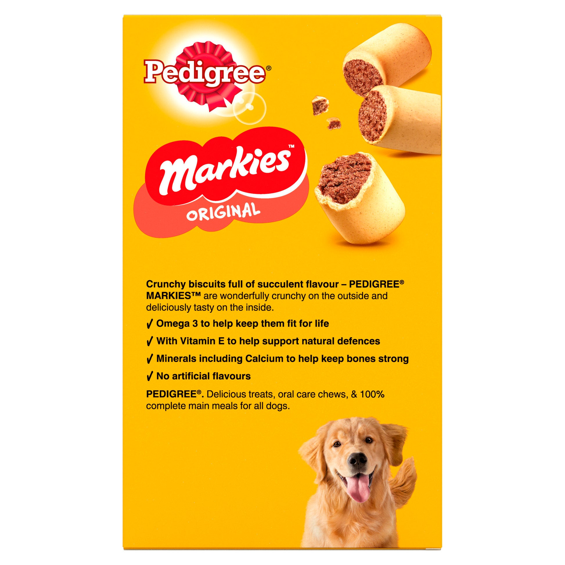 Pedigree Markies Original dog treat packaging with a yellow background