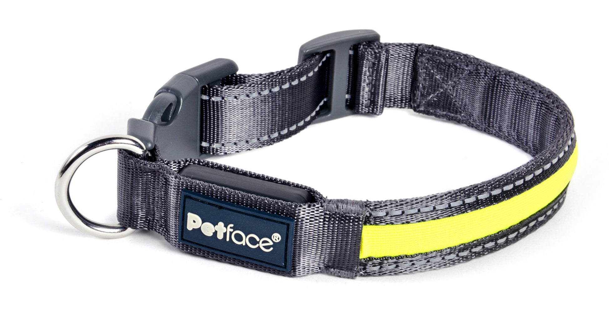 Gray dog collar with a yellow stripe and Petface logo on a white background