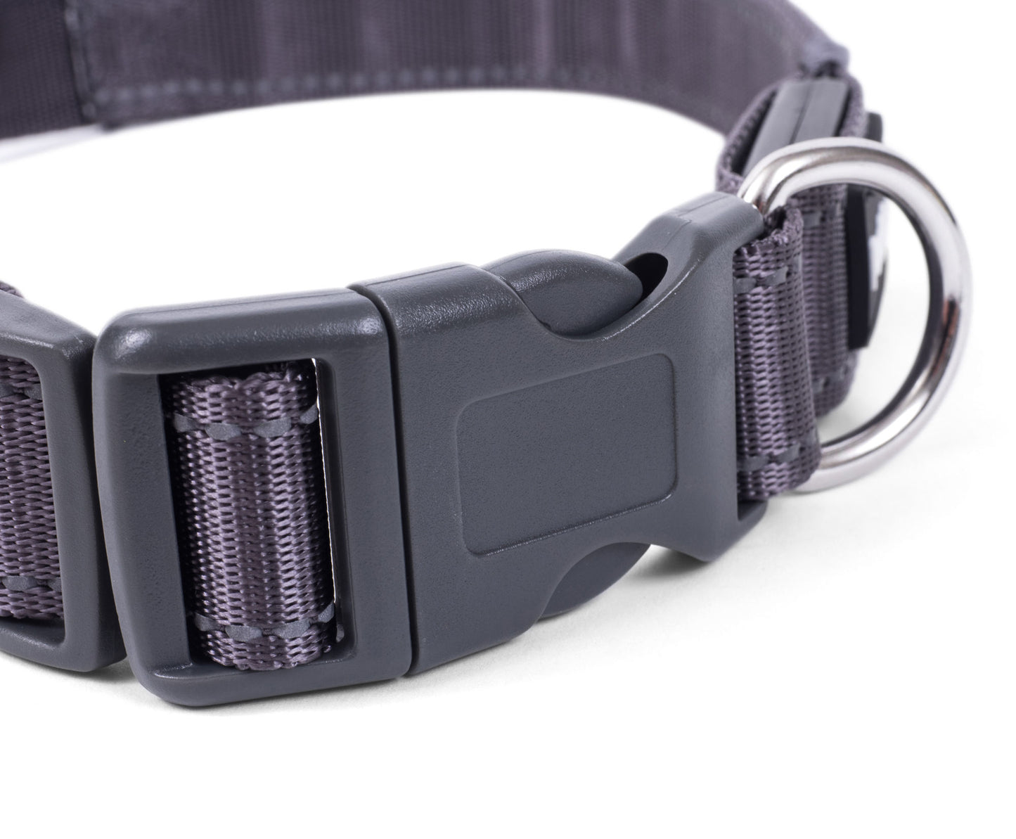Close-up of a gray dog collar with a metallic ring on a white background