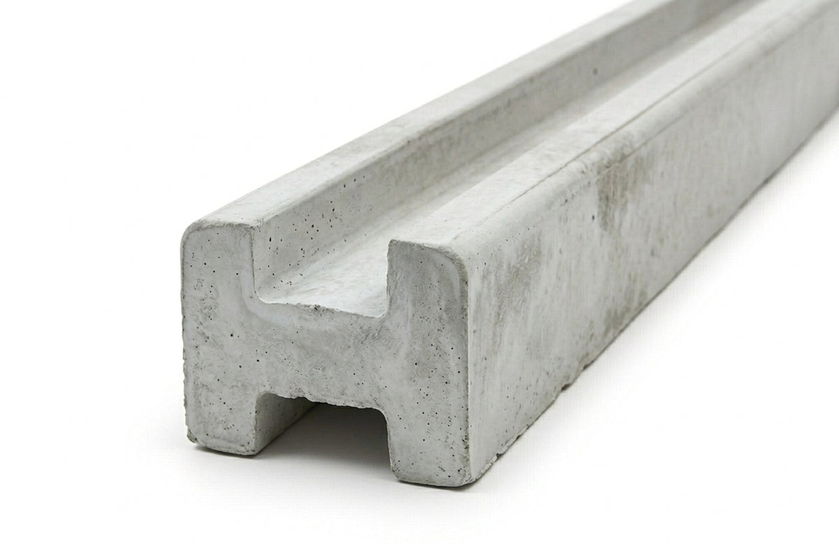 A long, narrow gray concrete channel or rail-like block with a U-shaped cross-section, photographed on a clean white background.