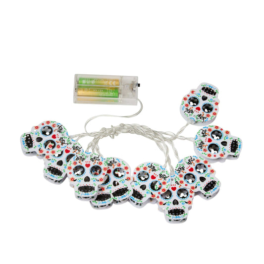 Day of the Dead sugar skull string lights with a 3V 1.5A battery, featuring white skulls decorated with colorful red, blue, and black patterns.