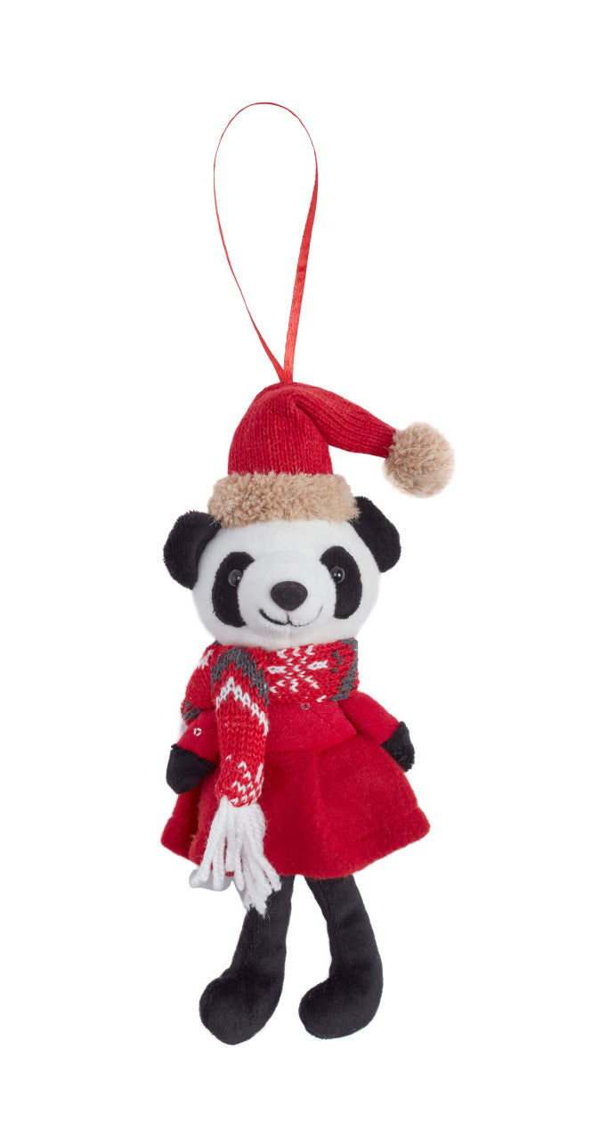 Panda ornament wearing a red sweater and Santa hat on a white background